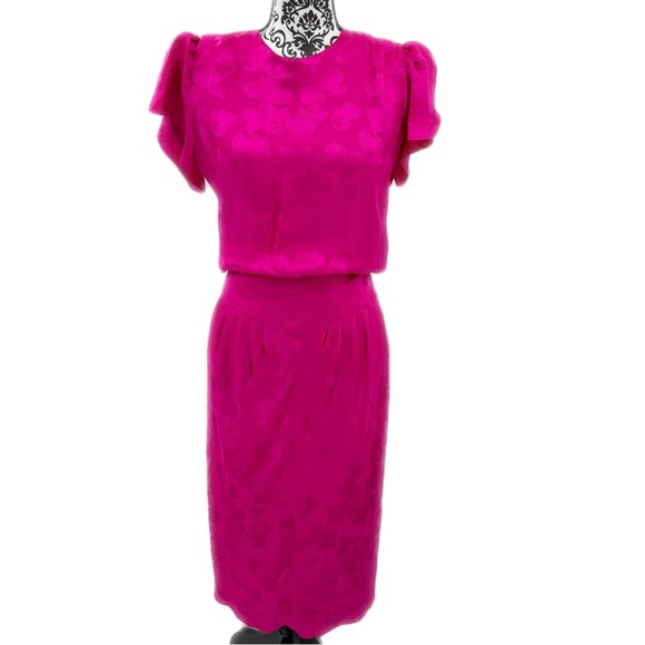 Justine Todd Vintage Stunning 100% Silk Floral Pink Flutter Sleeve Midi Dress